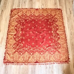 Vtg Opera Red Gold Jacquard Damask Square Tablecloth Beaded Fringe 55x55 India
